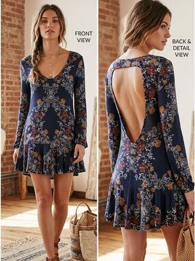 020-Free People Black Floral V-Neck Tunic with Rust and Mustard Accents